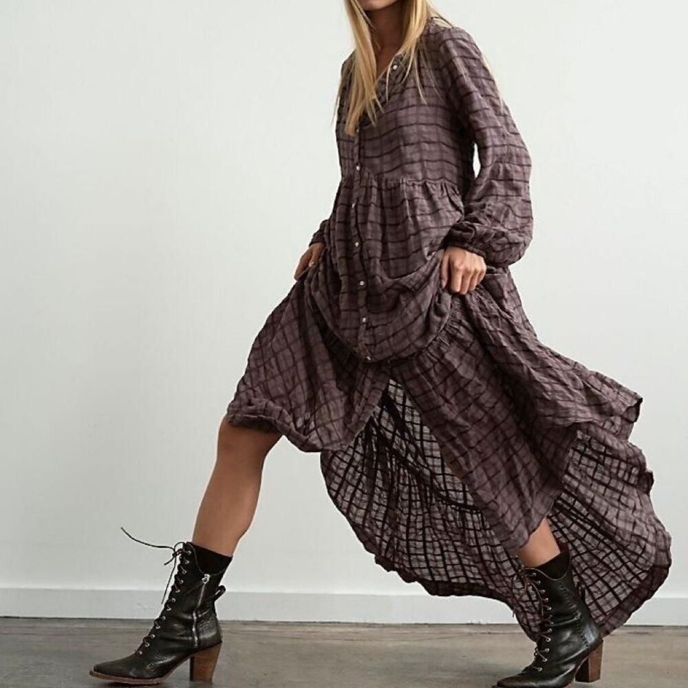Free People Edie brown plaid maxi dress